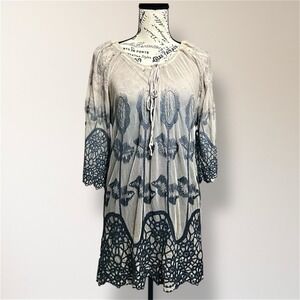 XCVI S Beige Gray Ombre Cotton Crochet Lace Embroidered Mini Dress Boho Resort‎